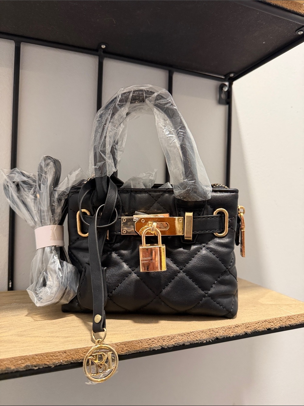 Badgley Mischka Black Quilted Mini Satchel with Gold Padlock Accent